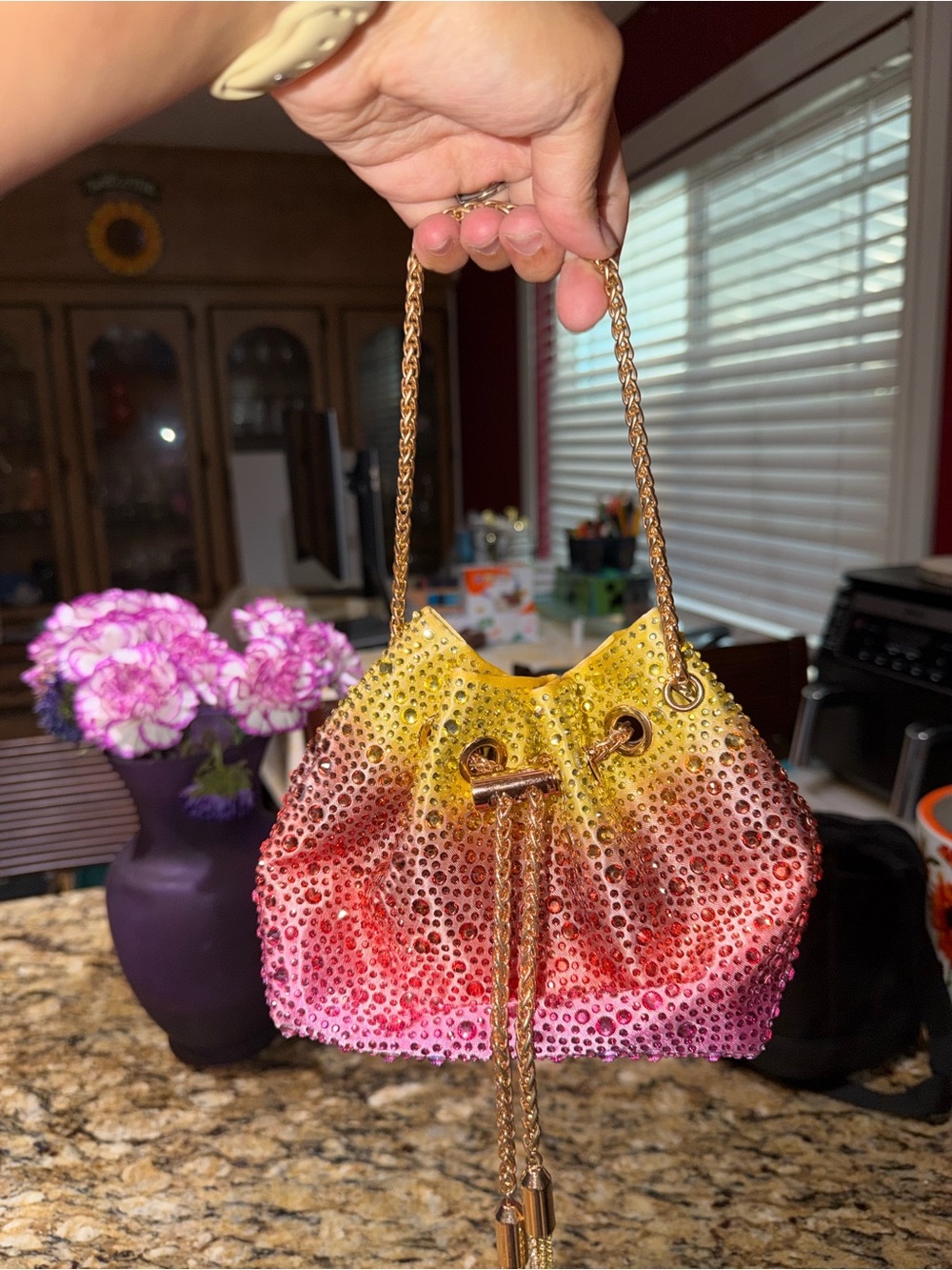 Gold-Chain Multicolor Ombre Crystal Drawstring Bag